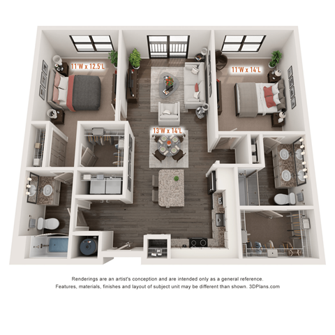 Floor plan for 2 beds, 2 baths, 1102 sqft